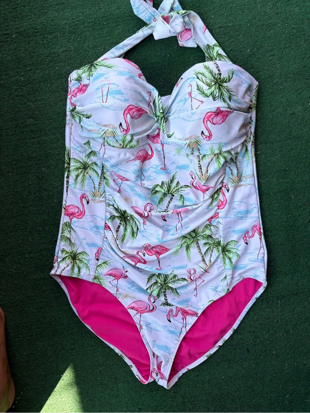 SHEIN White One-Piece Swimsuit with Pink Flamingo Print